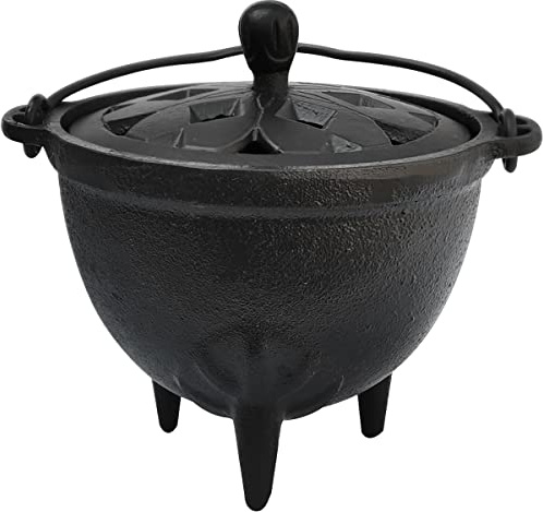 YIMIFLA Gusseisen-Kessel mit Deckel, Hexerei, 12,4 cm, perfekt für Räucherstäbchen, Verschmieren, Salbeihalter, Altar-Ritual-Brennhalter, Schwarz