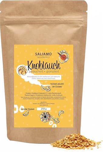 250g Knoblauch getrocknet und geräuchert mit Buchenholz, Knoblauchgranulat, für die mediterrane und asiatische Küche; Pizza, Pasta, Grillsaucen, Knoblauchbutter und Meeresfrüchte | Saliamo