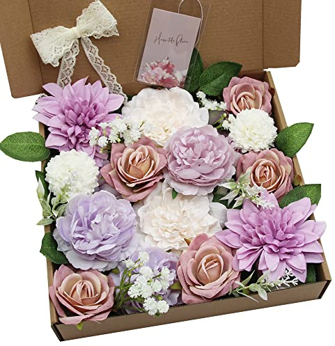 HASWITDA Artificial Silk Flower Bouquet Box Faux Flower Head Fake Table Decoration Arrangement for Wedding Birthday Baby Shower Party Purple & White