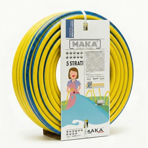 MAKA Tubo Acqua Giardino 1/2 5/8 3/4 1 Pollice 5 Strati Pressione 30 Bar Flessibile Doppio Rinforzo Tessile Retinato Magliato Antitorsione Resiste a Caldo Gelo UV 4 Stagioni (1/2 pollici, 50 metri)