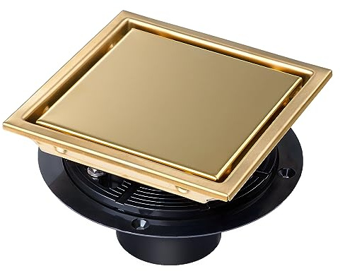 SaniteModar Shower Drain, 6 inch Shower Floor Square Drain with Flange, 2 in 1 Panel SUS 304 Stainless Steel Square Shower Drain, Brushed Gold…