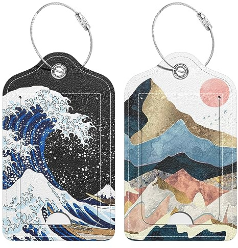 Hsxnam 2 Pack PU Leather Luggage Tags for Suitcase, Travel Cruise Luggage Tag with Privacy Flap, Name ID Label and Metal Loop for Women Men Baggage Handbag School Bag Backpack, Sea Wave Sun