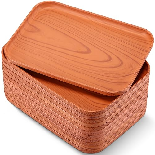 Didaey Lot de 12 plateaux de service rectangulaires en plastique imitation grain de bois pour restaurant, cuisine, fête, bar, café, école, camping, nourriture (taille S)