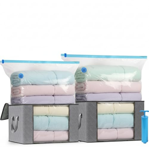 Lot de 2 Sacs de Rangement Sous Vide avec Pompe et 2 Coffres de Rangement en Tissu, Housse de Rangement Sous Vide Vêtement Aspirateur Grande Capacité XXL pour Duvet Couette Oreillers