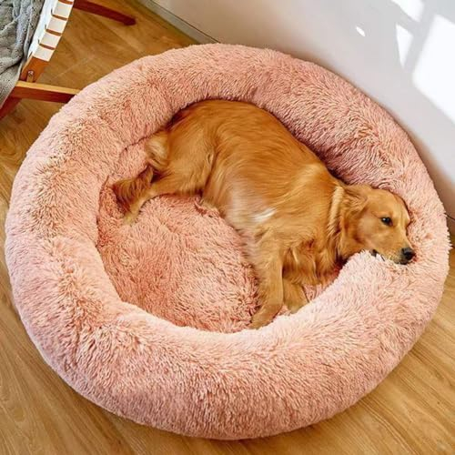 LINGXIYA Ultra Weicher Plüsch Haustierbett, Anti-Rutsch Hundekorb, Bequemes Wärme Hundekissen, Orthopädisches Hundebett, Rund Hundekorb für Fensterbank, Sofa, Boden, Auto (90cm,Rosa)