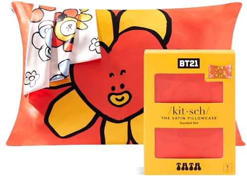 Kitsch x BT21 Satin Pillowcase with Zipper for Hair & Skin, Softer Than Silk Pillow Cases, Queen Pillow Covers, Machine Washable, Wrinkle-Free, Cooling Satin Pillow Cases Standard Size 19x26 (Tata)