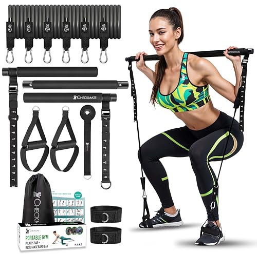 CHECKMATE Pilates-Stangen-Set mit Widerstandsbändern, 3-teilige Pilatesstange mit stapelbaren Bändern, Trainingsgerät für Beine, Hüfte, Taille und Arm