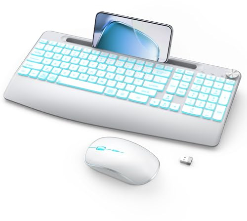 Combo de teclado y mouse inalámbricos recargables, teclado de tamaño completo con 7 colores, reposamuñecas, soporte para teléfono, perilla de volumen, 2.4 GHz para computadora, portátil, PC, Mac