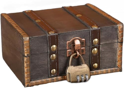 Cofre del tesoro de madera vintage, cofre con cerradura de combinación y almacenamiento de madera marrón, estilo pirata