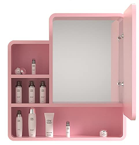 ZFGOJNBH Medizinschrank Badezimmerspiegelschrank Versteckter Spiegelschrank aus massivem Holz Einfacher Badezimmerspiegel mit Regal Wandspiegelbox Rosa Spind (Farbe: Rosa, Größe
