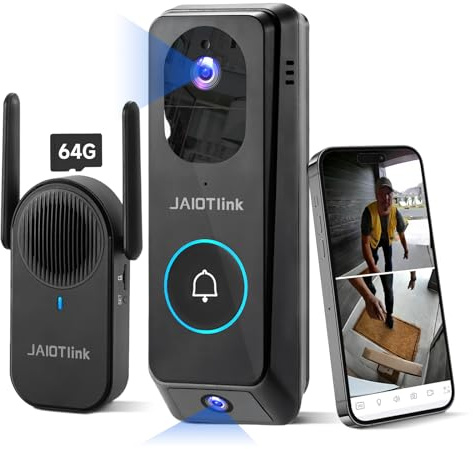 JAIOTlink 2K Dual Lens Video Doorbell Camera Wireless with Chime, 64GB SD Card, Voice Changer, 2.4G/5Ghz WiFi, Package Protection, 2-Way Audio, Night Vision, Compatible with Alexa