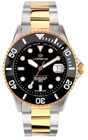 Lorenz Hydro-Sub 090011EE Orologio da uomo automatico svizzero con cinturino in acciaio inossidabile e 500 metri subacqueo professionale, cofanetto con cinturino in gomma omaggio