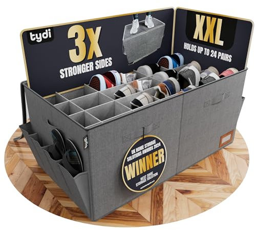 Tydi Shoe Storage Box - Ultra-Stiff XXL Organiser with 24 Compartments, Zippable Clear Cover, Side Pockets & Handles - Space-Saving Shoe Box for Easy Organisation - Dark Grey
