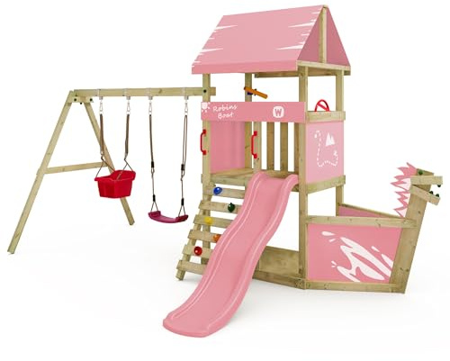 Wickey Climbing Frame DinkyHouse with ship's nose - pastel pink slide & tarp - Children's playground for the garden made from solid wood - 372x317x247 cm