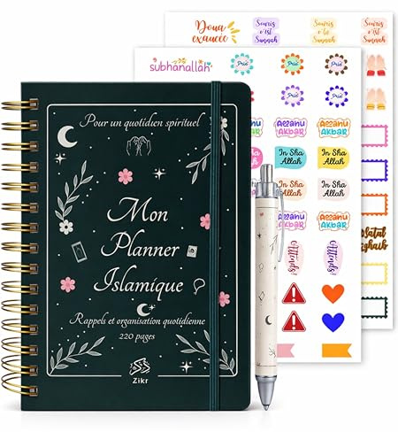Planner Islamique A5 – Journal Quotidien pour Femme Musulmane | 220 Pages avec suivi des Prières, Douas, Coran tracker, 40 Rabbana, 70+ Stickers et plus – Idée Cadeau musulman femme Eid & Ramadan