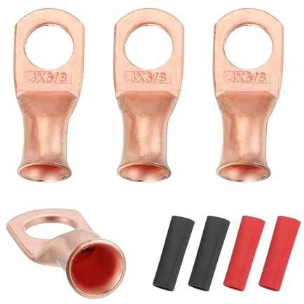 sourcing map 4pcs 4 AWG M10 Battery Lugs Ring Terminals, 3/8 10mm Gold | Stud Crimp Wire Terminal Connector End Copper, 2:1 Heat Shrink Tubing