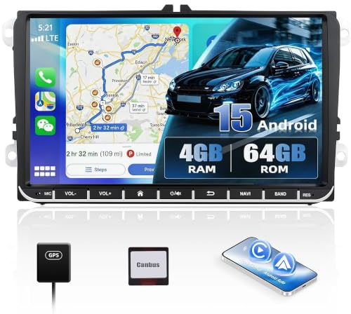 CAMECHO 2GB+64GB Radio Coche Android 15 con Pantalla para VW Passat B6 B7 2005-2014, CarPlay Inalámbrico Android Auto, 9 IPS Táctil, GPS Navegación, Pantalla Dividida, CANBUS, Cámara AHD Incluida