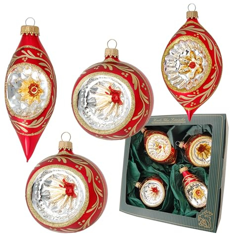 Krebs Glas Lauscha - Weihnachtsdekoration/Christbaumschmuck aus Glas - Reflex Weihnachtsbaumanhänger - Farbe: Rot - 4 Stück - Größe: ca. 9 cm