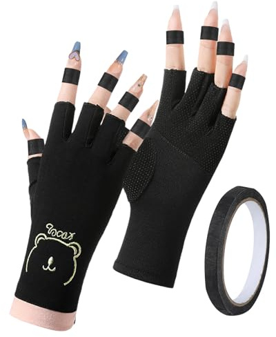 1 par de guantes de protección UV, finos, con cinta de crepé, guantes sin dedos para mujer para proteger la piel en la manicura de gel con lámpara de uñas (negro)