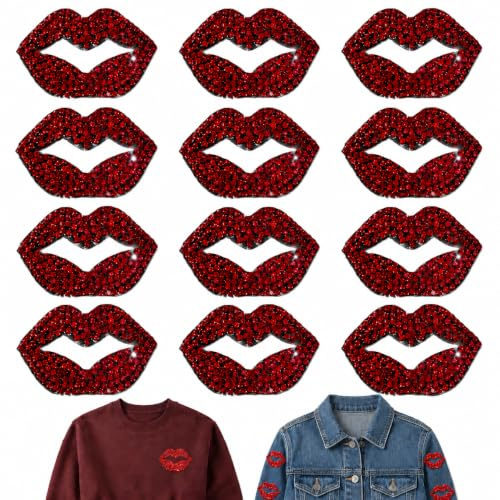 12Pcs Red Lip Rhinestone Iron On Patches, Lips Applique for Clothing | Hotfix rhinestones for clothing, easy iron-on transfer or sew-on appliques for T-shirts, jackets, jeans, bags & hats