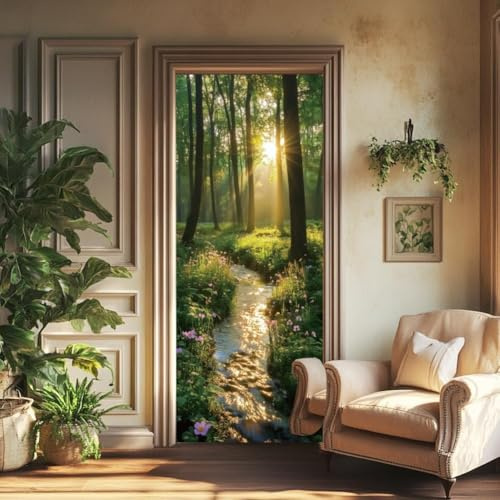 Türtapete Selbstklebend 100x200 Fenster Türfolie Türposter Wald natürliche Landschaft Türklebefolie Wandbild Türaufkleber Wandtapete 3D Effekt für Wohnzimmer Schlafzimmer Küche