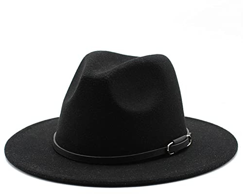 OHEETU Chapeau Fedora classique unisexe noir large bord feutre panama jazz casquette avec boucle de ceinture réglable (56-58 cm)