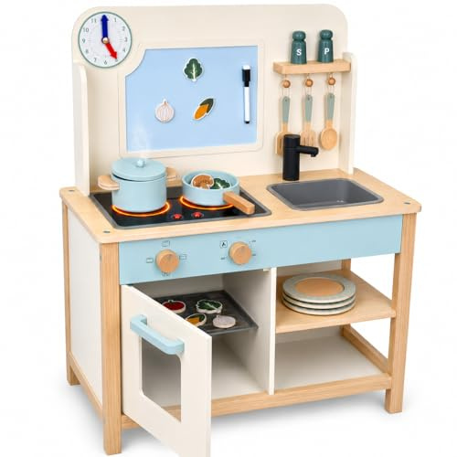 Jumini Wooden Play Kitchen for Kids Ages 3-6 - FSC Certified Toy Kitchen with Lights, Cooking Sounds, Pots, Pans, Utensils & Magnetic Veggies - Pretend Play Cooking Set for Toddlers & Preschoolers