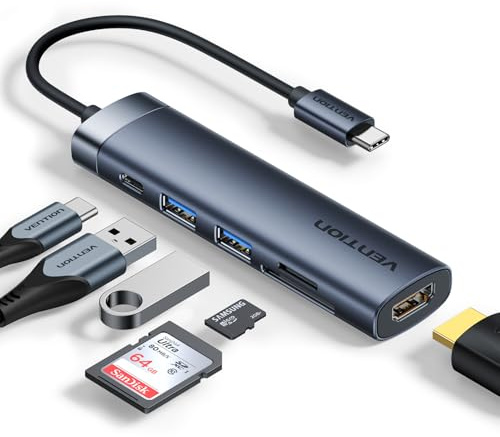 Hub USB-C VENTION 6-en-1 Adaptateur avec HDMI 4K et Charge PD 100W, Ports de Données USB-A 3.0 / USB-C 5 Gbit/s, Lecteur SD/TF, Compatible MacBook, iPad Air/Pro, iPhone 17/16/15, HP, Dell, Gray