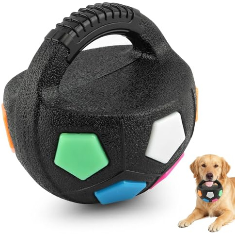 Hundespielzeug, Anti Stress Ball mit Handle, 13cm Fußball Form aus Gummi, für Mittelgroße und Große Hunde, Bunt Beruhigendes Kauspielzeug und Interaktives Spiel
