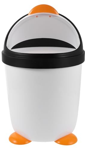 DIKACA Cubo de Basura de Plástico Negro Grande con Tapa Abatible Diseño Pingüino, Bote Basura Kawaii para Escritorio y Baño, Organizador Compacto para Dormitorio y Oficina, Decoración