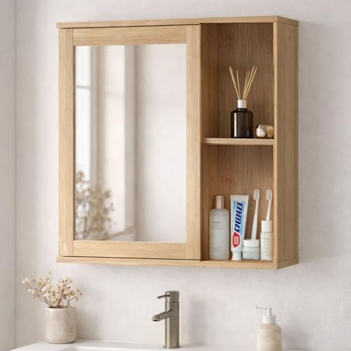 Levede Bathroom Mirror Cabinet, Bathroom Wall Cabinet with Sliding Door, Adjustable Shelf, Space-Saving Small Bathroom Cabinet, 56 cm, Oak
