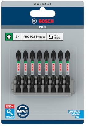 Bosch Accessories Professional 8 pièces Pack d'Embouts de Vissage Cruciformes (Impact Control, 8 x PZ2 Bits, Longueur 50mm, Pick and Click, Accessoires de visseuse à percussion) 2608522331 Framboise