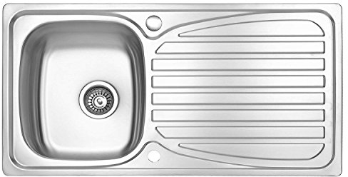 JASSFERRY 950 x 500 mm Kitchen Sink Inset Stainless Steel Single 1 Bowl Reversible Drainer with Waste Pipes Clips - 10 Year Guarantee