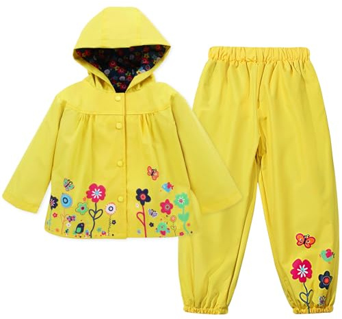 LZH Bambino Impermeabile Ragazza Pioggia Giacca con Cappuccio + Pantaloni Set,Yellow,1-2 anni （90）