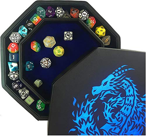 Fantasydice Blue Fire Dragon Dice Tray with Lid – 23CM Octagon with Dice Staging Area, Holds 5 Dice Sets – Perfect for D&D, Call of Cthulhu, Shadowrun, and All Tabletop RPGs