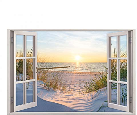 nikima Schönes für Kinder 153 Wandtattoo Fenster - Ostseestrand Maritim - in 5 Größen - Sonnenuntergang Wandbild Wanddeko -Größe 1000 x 670 mm