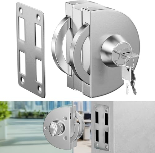 Ranbo Frameless Glass Double Sided Swing Door Lock, No-Drill, 304 Stainless Steel, Suitable for 3/8''-1/2'' (10mm-12mm) Thick Sliding Glass Doors, Office Doors, Commercial Doors, 3 Keys, Brushed. | Fits 3/8–1/2 Frameless Swing/Sliding Door, for Office, Storefront, Clamp-On No-Drill, Exterior Key, Interior Knob, 3 Keys