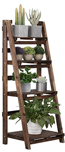 Yaheetech Foldable Ladder Shelves, Decorative Wall-Leaning Home Office Storage Rack Shelves, Display Shelving for Livingroom Bedroom Balcony, Fir Wood Brown, Simple Assembly 4 Tier