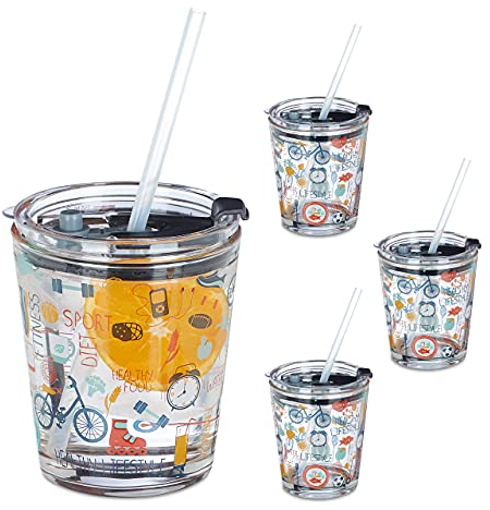 Relaxdays Glasbecher mit Deckel & Strohhalm, 4er Set, mit Sport-Motiv, 350 ml, Trinkgläser für Kinder, transparent
