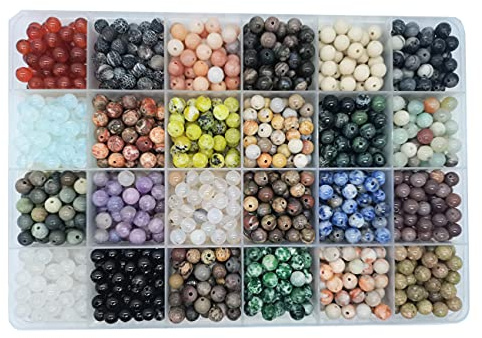 1200pcs 6mm Natural Round Stone Beads - Gemstone Loose Hole Size 1mm DIY Smooth for Bracelet Necklace Earrings Jewelry Making, Box Packed (24 Material-2, 6mm)