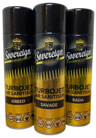 Sovereign Aerosols 3 x Sovereign Designer Fragrances Savage Greed RADA Car Home Office Gym Turbojet Air Sanitiser Freshener Blast Spray Cans 500ml Bundle