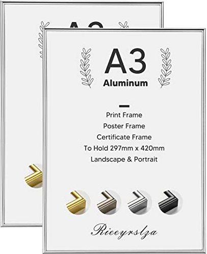 Rieeyrslza Aluminium Fotorahmen 29,7x42cm Dokumentrahmen 2 STK A3 Bilderrahmen Certiciate Posterrahmen Wand Bilderrahmen Fotorahmen Geeignet für Zuhause Schule Galerie(Silber)