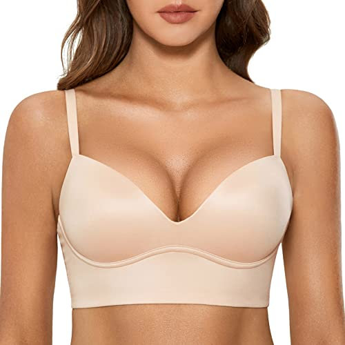 DOBREVA Women's Push Up Bra Padded Wireless Longline Corset Bra Plunge Comfort T Shirt Bras Beige 36D
