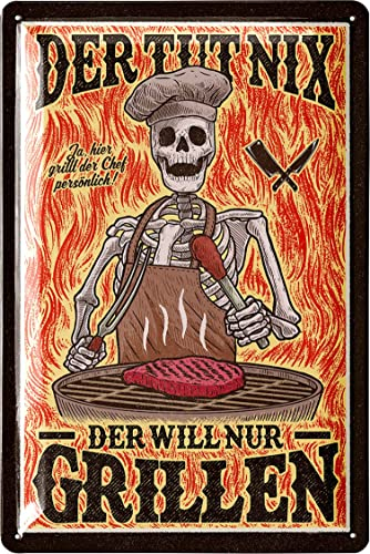 LANOLU Blechschilder Grillen - Grill Schild DER TUT NIX DER WILL NUR GRILLEN- retro BBQ und Garten Deko - Geschenk für Papas Grillecke und Grillplatz - Metallschild 20x30cm