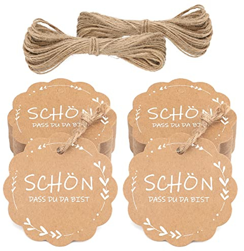 jijAcraft 100 Stück Geschenkanhänger SCHÖN DASS DU DA BIST, 6CM Kraftpapier Anhänger Etiketten mit Jute Schnur, Kraftpapier Anhänger Rund für Gastgeschenke, Hochzeitsdeko DIY