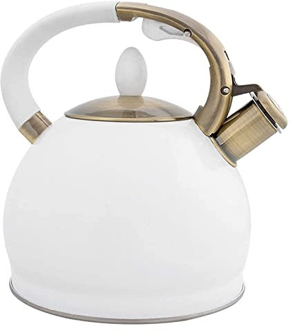 FLBT Bouilloire Stove Top 3L Grande Bouilloire à thé sifflante Blanche pour cuisinière Théière en Acier Inoxydable Poignée en Bronze électrolytique Ergonomique Camping Bouilloire Needed
