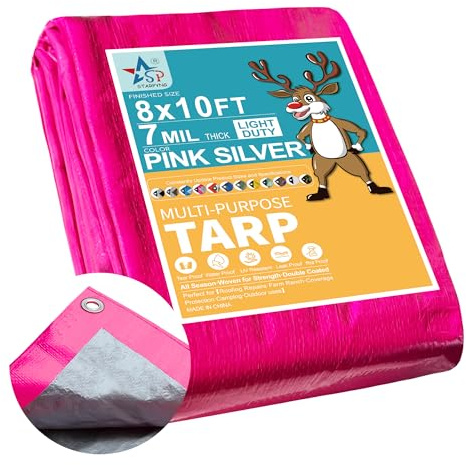 STARPYNG-7 Mil Pink/Silver 8x10 Feet Tarp-Multifunctional Waterproof Tarpaulin-Waterproof, UV Resistant, Rip and Tear Resistant, Poly Tarpaulin with Reinforced Edges for Cover