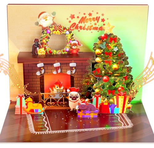 Pop Up Karte Weihnachten mit Musik und Licht 3D Kamin-Weihnachtskarte Ausblasbare Flamme mit Umschlag für Kinder Mädchen Frauen Mann Weihnachten Geschenk