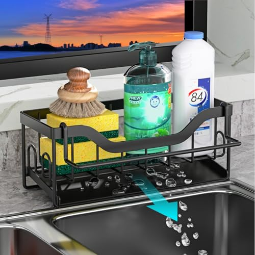 VILCEN Organisateur d'évier pour la Cuisine,Porte Eponge Evier Cuisine en Acier Inoxydable avec Bac De Vidange Automatique,Porte Eponge pour Stockage Brosse