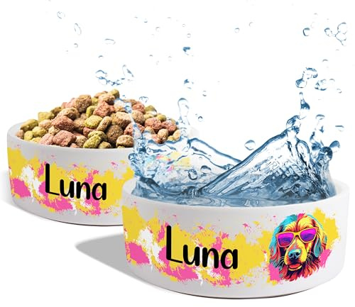 Keramik Doppelnapf personalisierbar mit 17 Hunde & Katzen Motiven & Namen - Napf-Set mit/ohne Ständer | Futter-Napf Fressnapf | große kleine Futterstation (2X 500ml)